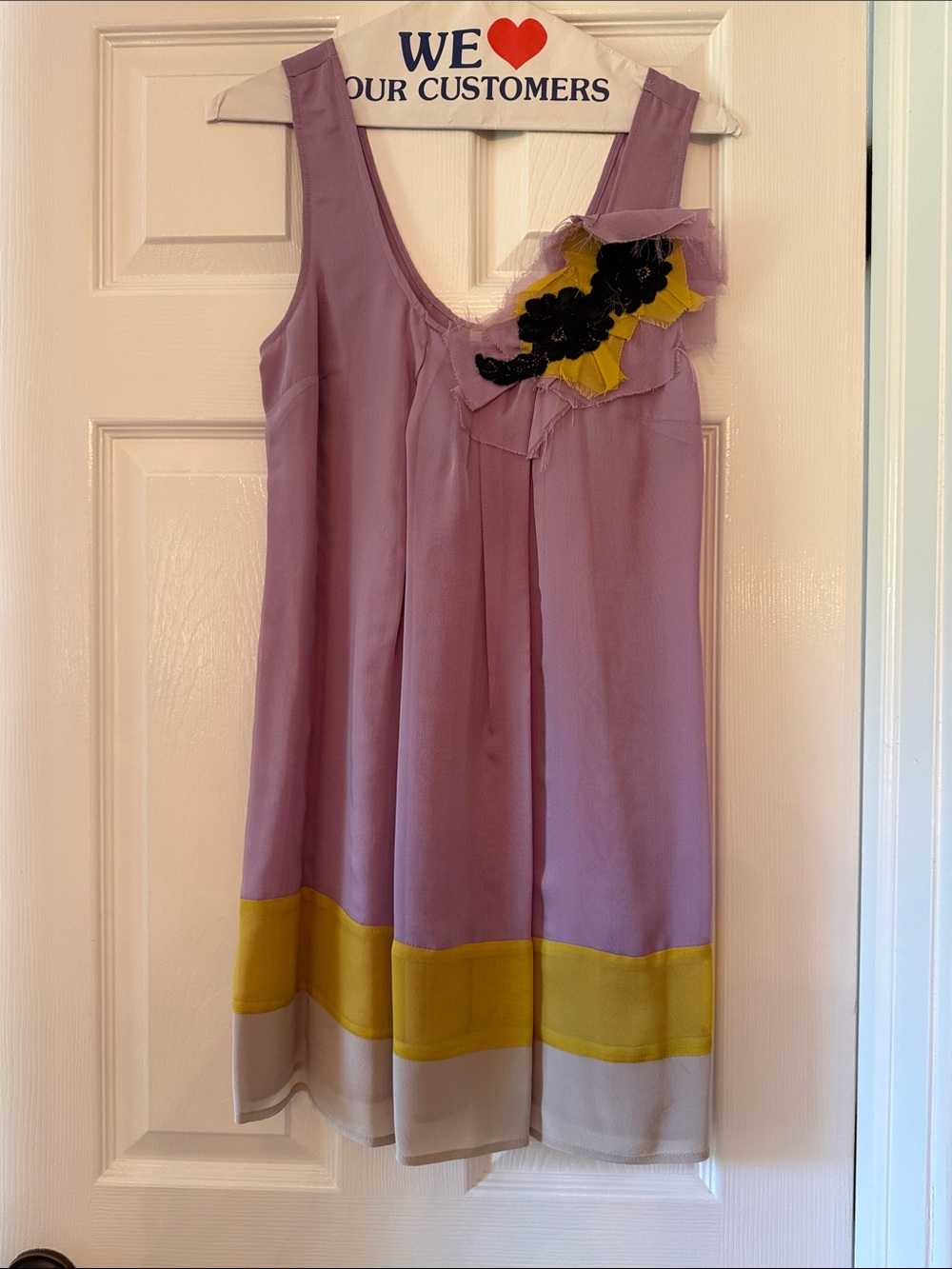 Petticoat Alley Lavender Tank Dress with Yellow Band and Black Floral Applique
